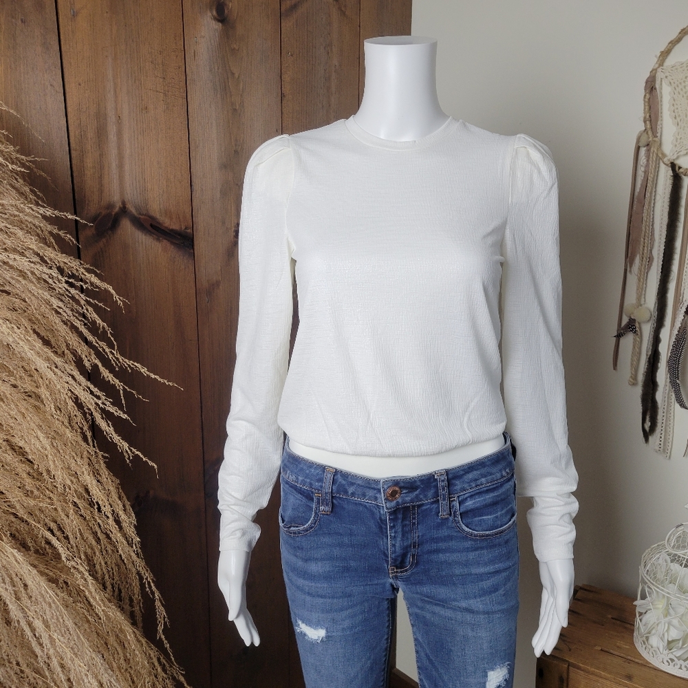 Express White Shimmery Puffy Shoulders Thong Bodysuit | XS